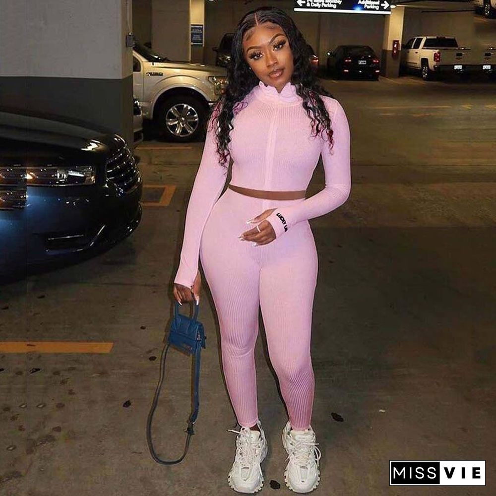 Autumn Ribbed Tracksuit Set Women Two Piece Outfits Work Out Sweat Suits Crop Top Women Set Fitness Sweatsuit Female