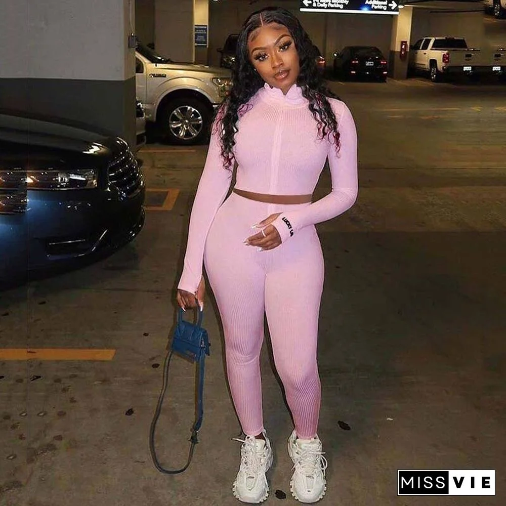 Autumn Ribbed Tracksuit Set Women Two Piece Outfits Work Out Sweat Suits Crop Top Women Set Fitness Sweatsuit Female