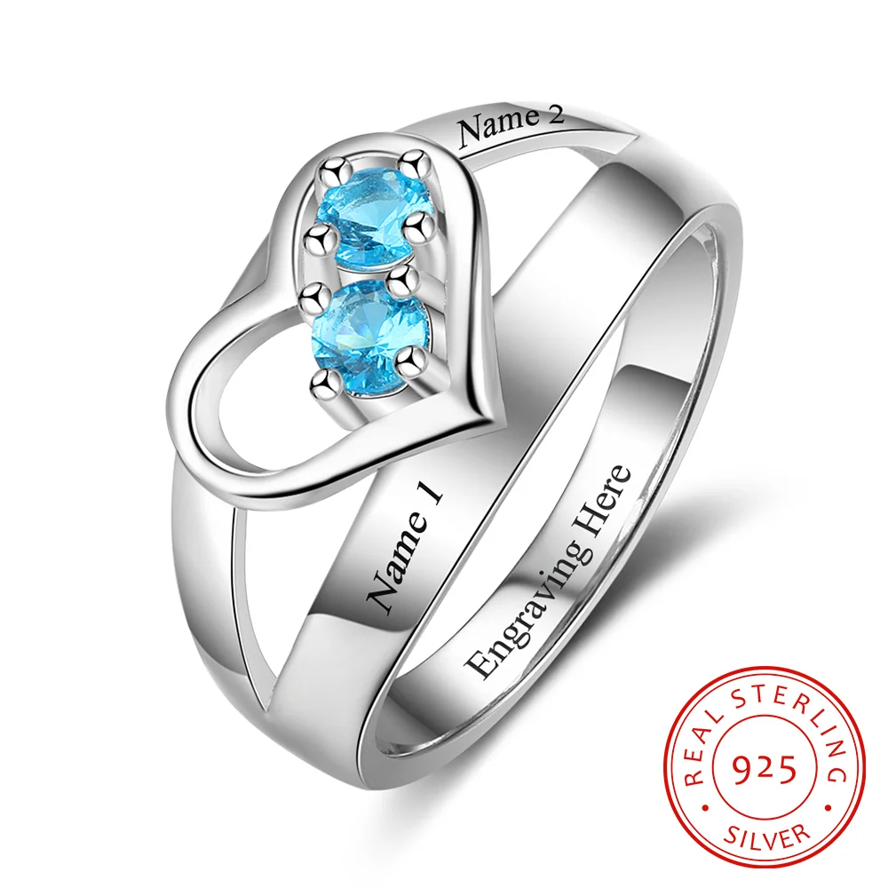 925 Sterling Silber Ring mit 2 Namen und 2 Geburtssteinen mit Gravuren n2-b2-t1 Kettenmachen