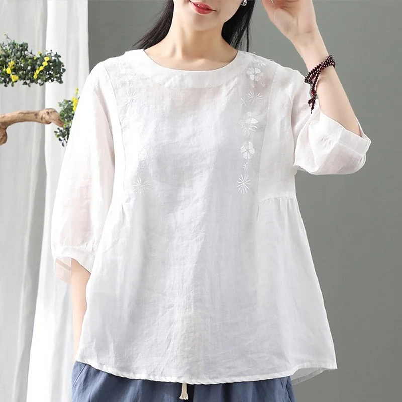 ZANZEA Women Vintage 3/4 Sleeve Cotton Tops Elegant Floral Shirt Casual Solid Work Blusas Oversize Summer Embroidery Blouse