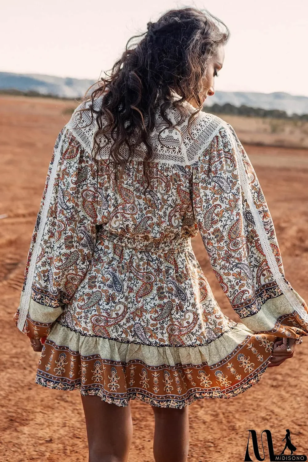 MidiSono - Multicolor Lace Splicing Split Neck Paisley Ruffle Mini Dress