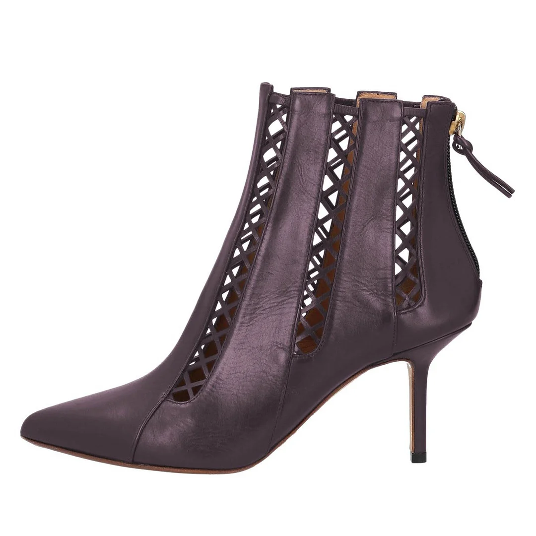Purple Pointed Toe Lattice Cut Out Back Zipper Short Booties