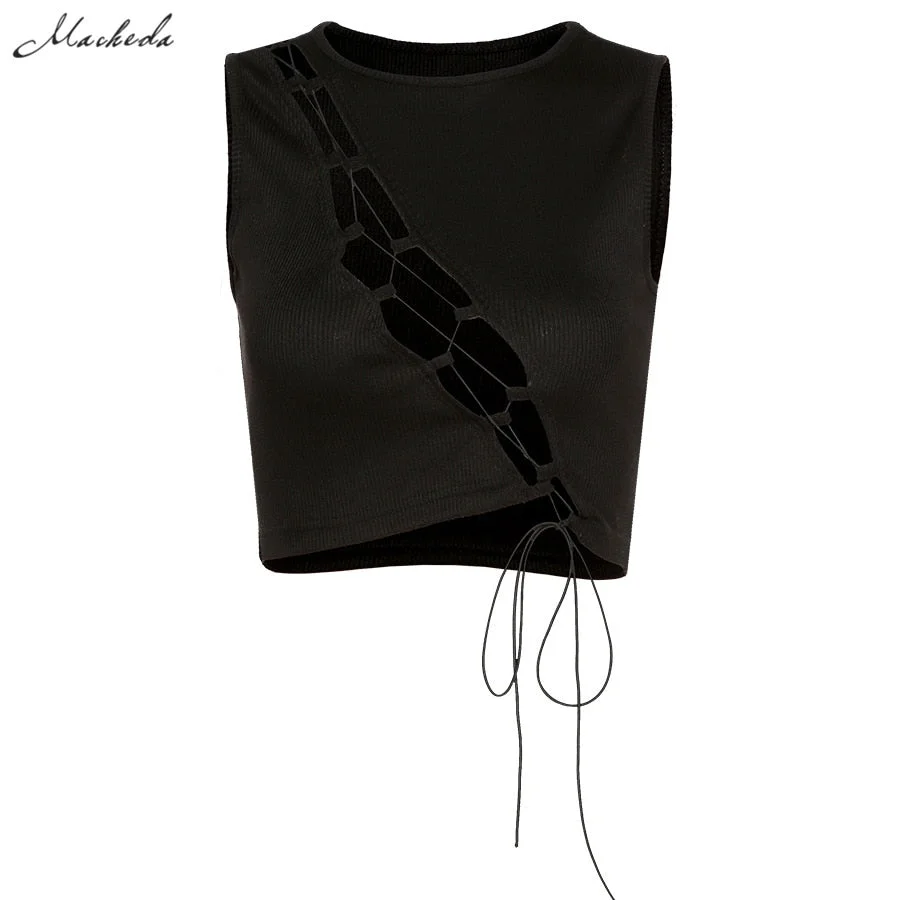 Macheda spring Black Sexy Hollow Out Tank Top Women Slim Sleeveless Lace Up Clothing Street Lady Solid Cropped Top 2021 New
