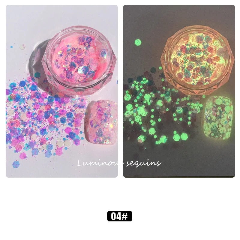 1 Box Luminous Nail Glitter Neon Hexagon Fluorescent Flake Glow in the Dark Sequin Nails Art Decorations Manicure Accessories-Nail Inspo