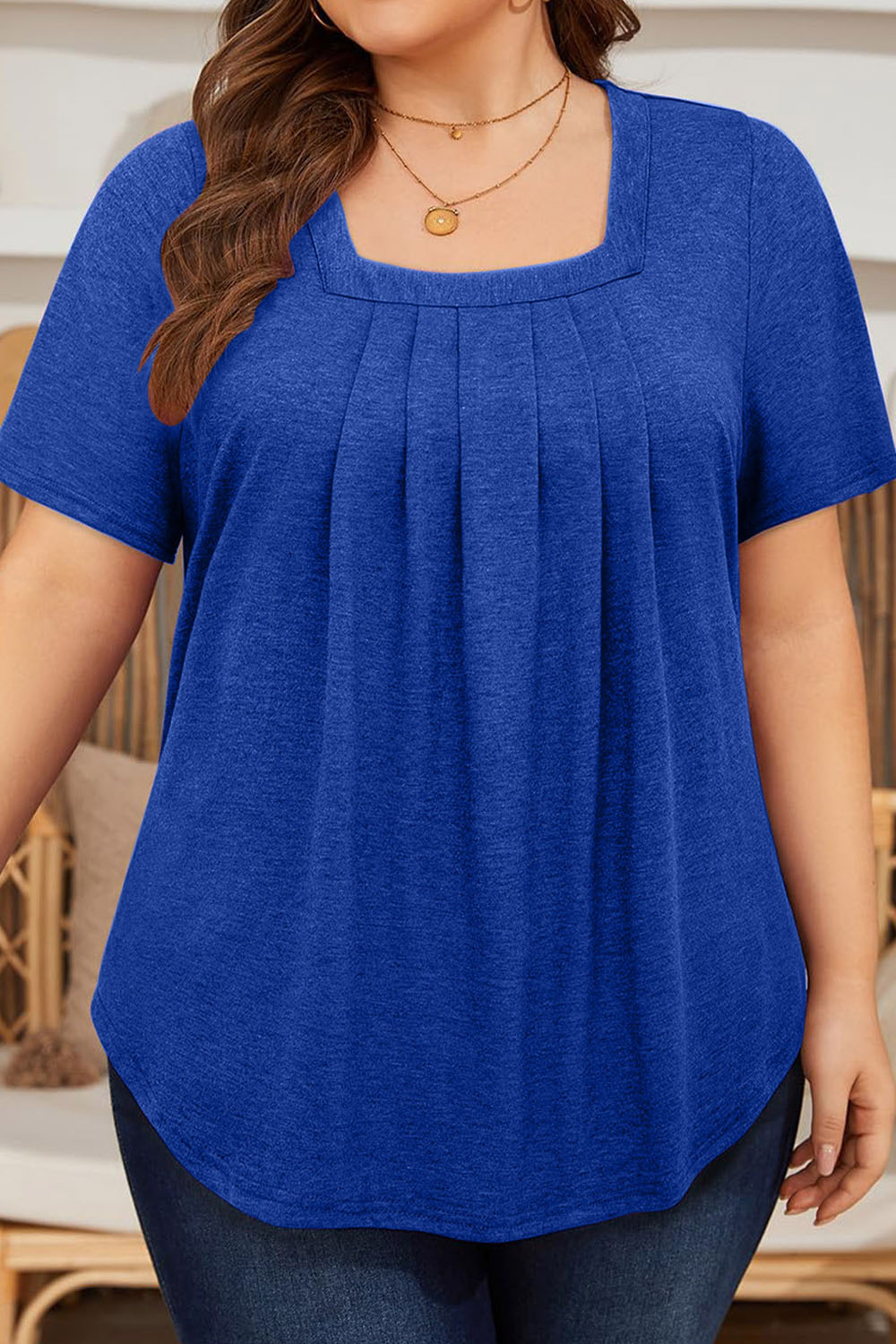 Plus Size Everyday Dark Blue Square Neck Crinkle Chest Blouse 2024 - Flycurvy 