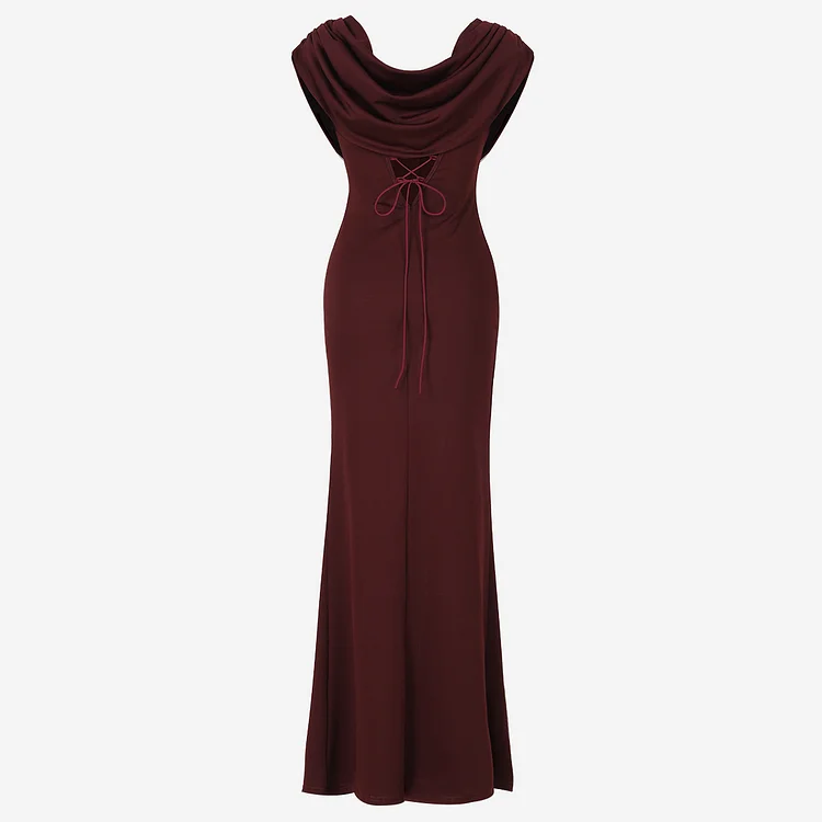 SCACTO Elegant Draped Neck Brown Evening Maxi Dress 48.99