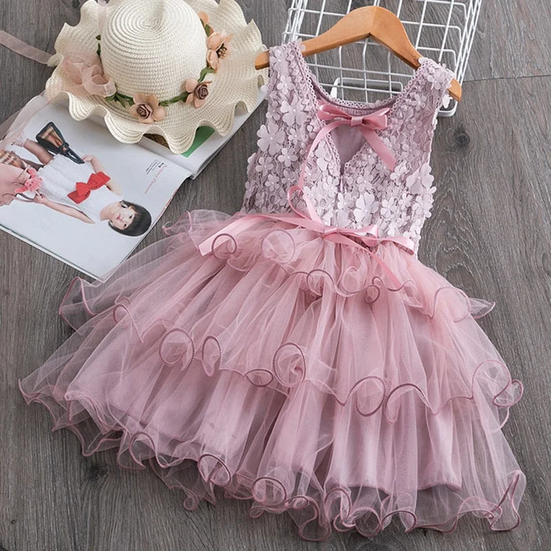 Summer Toddler Girls Lace Cake Dress Kids Sleeveless Floral Mesh Wedding Dresses Children Clothing For Baby Girls 3 To 8 Years