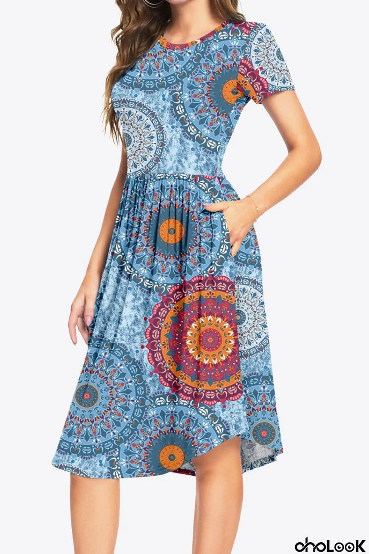 Printed Round Neck Short Sleeve Dress with Pockets