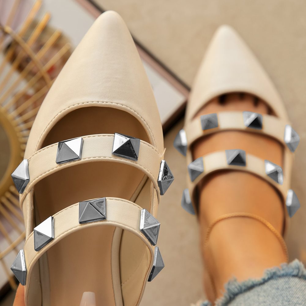 Pointed Toe Flats White Handmade Leather Flats With Rivet Decors Nicepairs