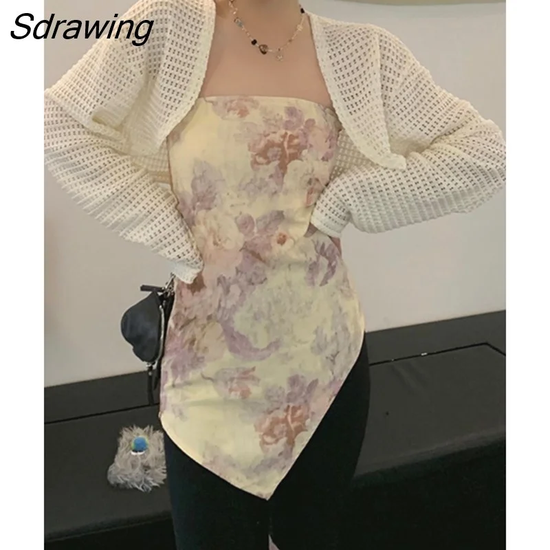 Sdrawing Grunge T-shirt Women Y2k Two Piece Tops Hollow Out Cloak+ Tie Dye Corset Streetwear Vintage Tops E Girl Summer Clothes