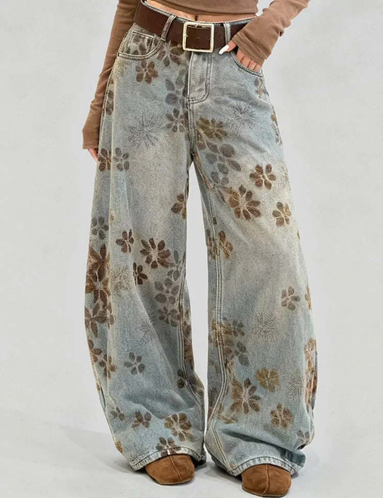 Ladies Velvet Floral Wide Barrel leg Denim Pants