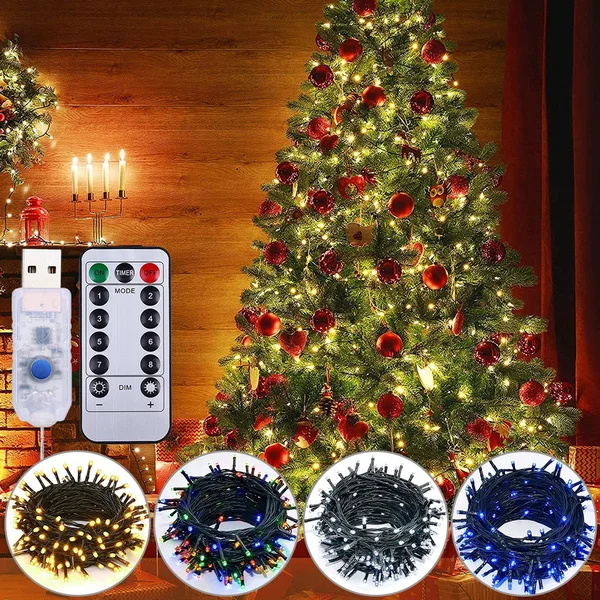 5M 50LEDs 10M 100LEDs LED String Lights Green Wire Remote Control USB Operated Timer Dimmable 8 Modes Fairy Twinkle Christmas Tree Lights Waterproof Starburst Lights for Christmas Birthday Bedroom Corridor Patio Wedding