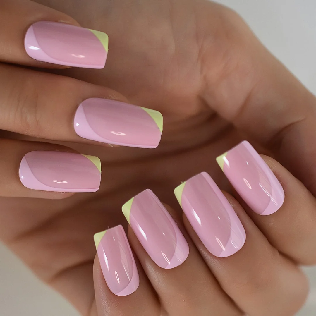 Pink Press On Nails Medium Square Glossy Mixed Color Fake Nails Art Tips Full Cover Gloss Gel Nail Design-Nail Inspo