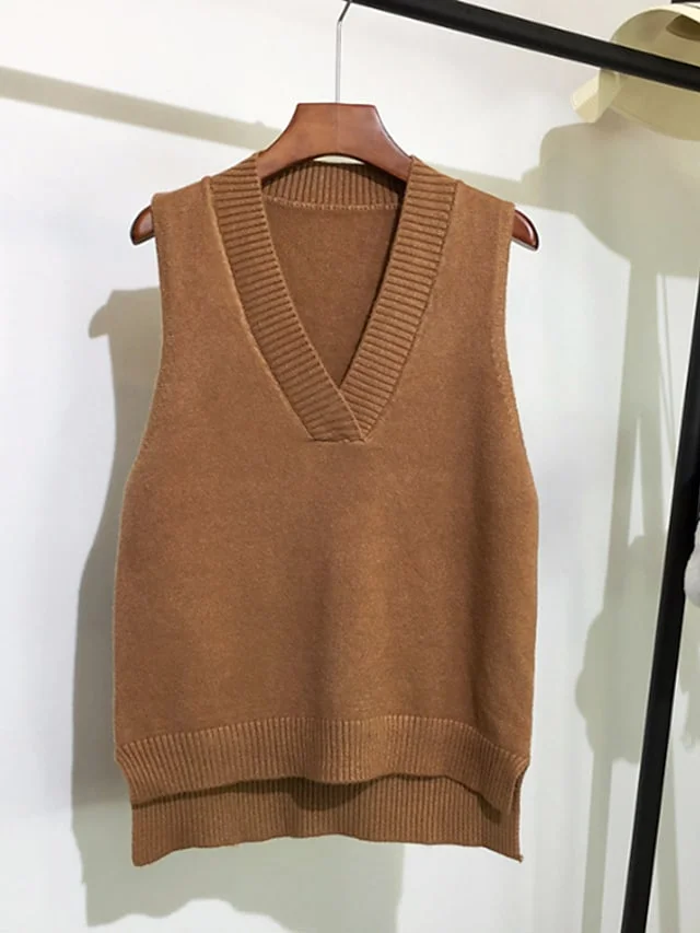 Women's Sweater Vest Jumper Knit Knitted Solid Color V Neck Basic Stylish School Daily Winter Fall Green Black One-Size / Sleeveless / Sleeveless / Casual / Regular Fit | IFYHOME