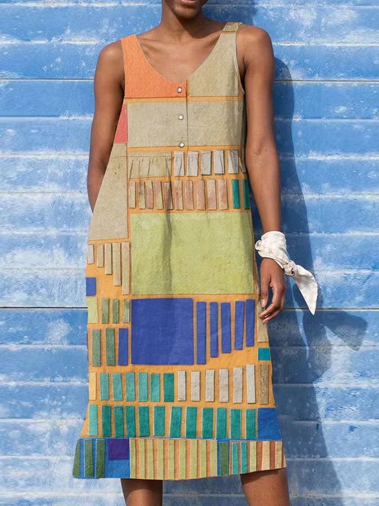 Women's Abstract Multicolor Geometric Color Block Painting Art Print Sleeveless Cotton And Linen Dress