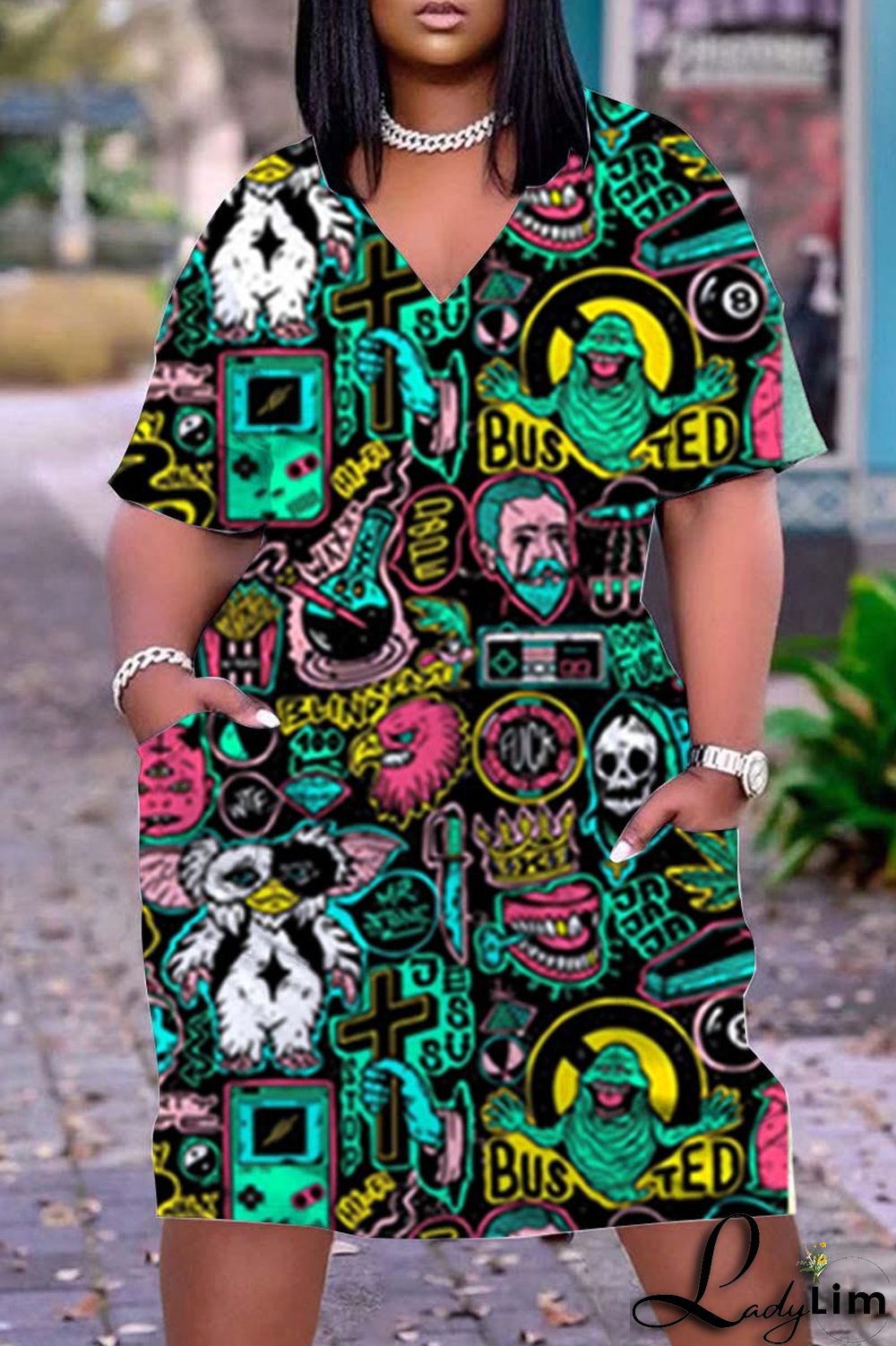 Black Casual Print Patchwork V Neck Straight Dresses