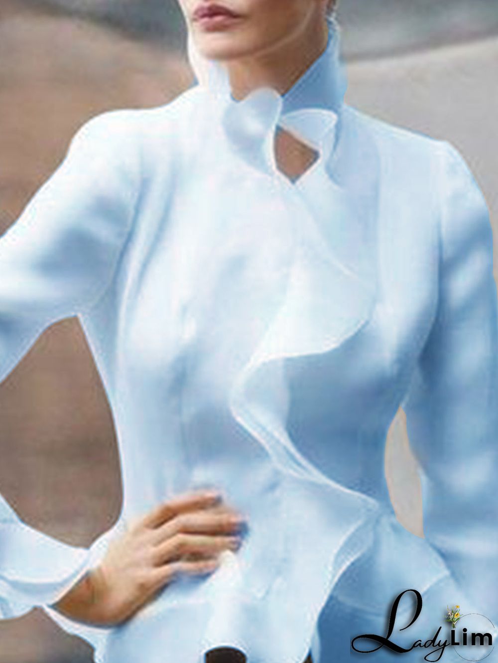 Elegant Plain Mock Neck Long Sleeve Peplum Blouse