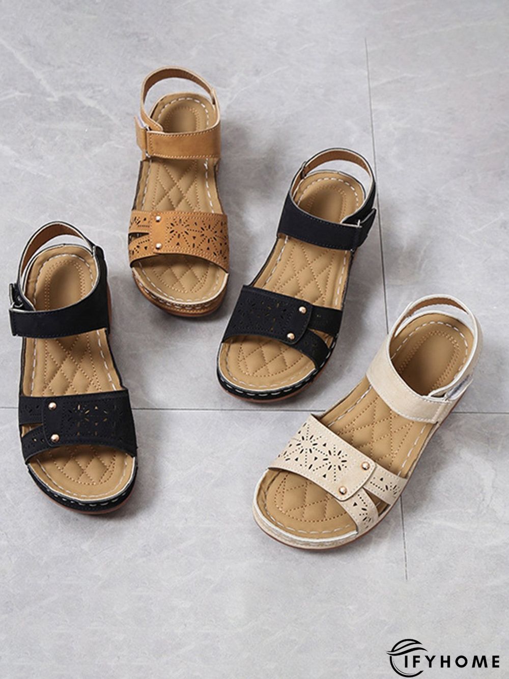Vintage Laser Cut out Velcro Strap Sandals | IFYHOME