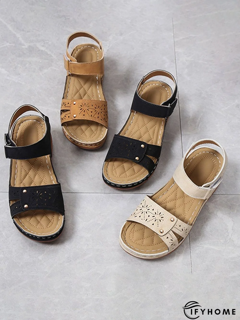 Vintage Laser Cut out Velcro Strap Sandals | IFYHOME