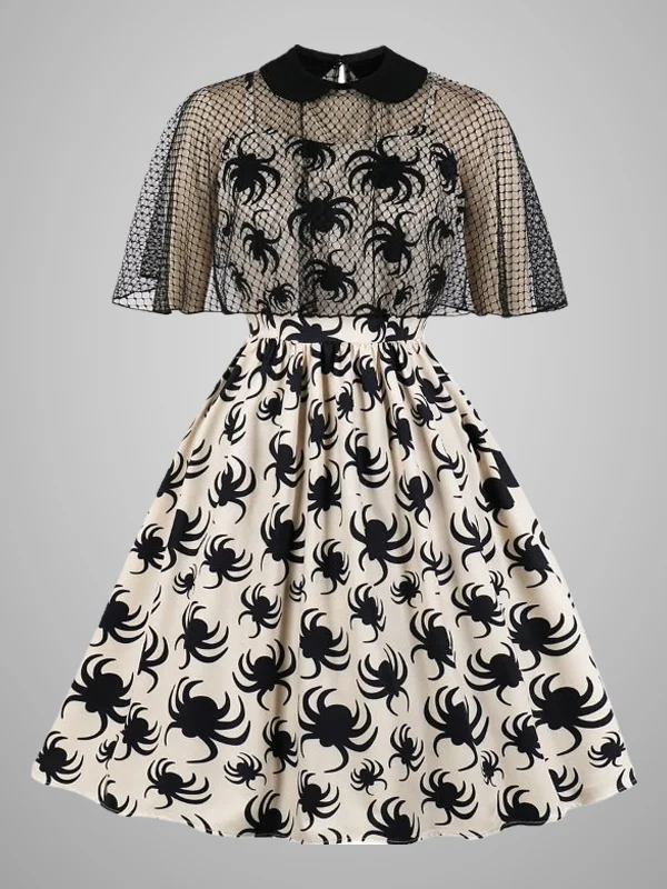 Gothic Dark Vintage Color Block Spider Printed Mesh Cape Spaghetti Dress