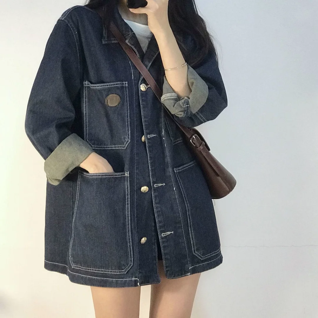 Tooling denim jacket women's mid-length Korean version loose new spring and autumn retro salt fried street top coats
