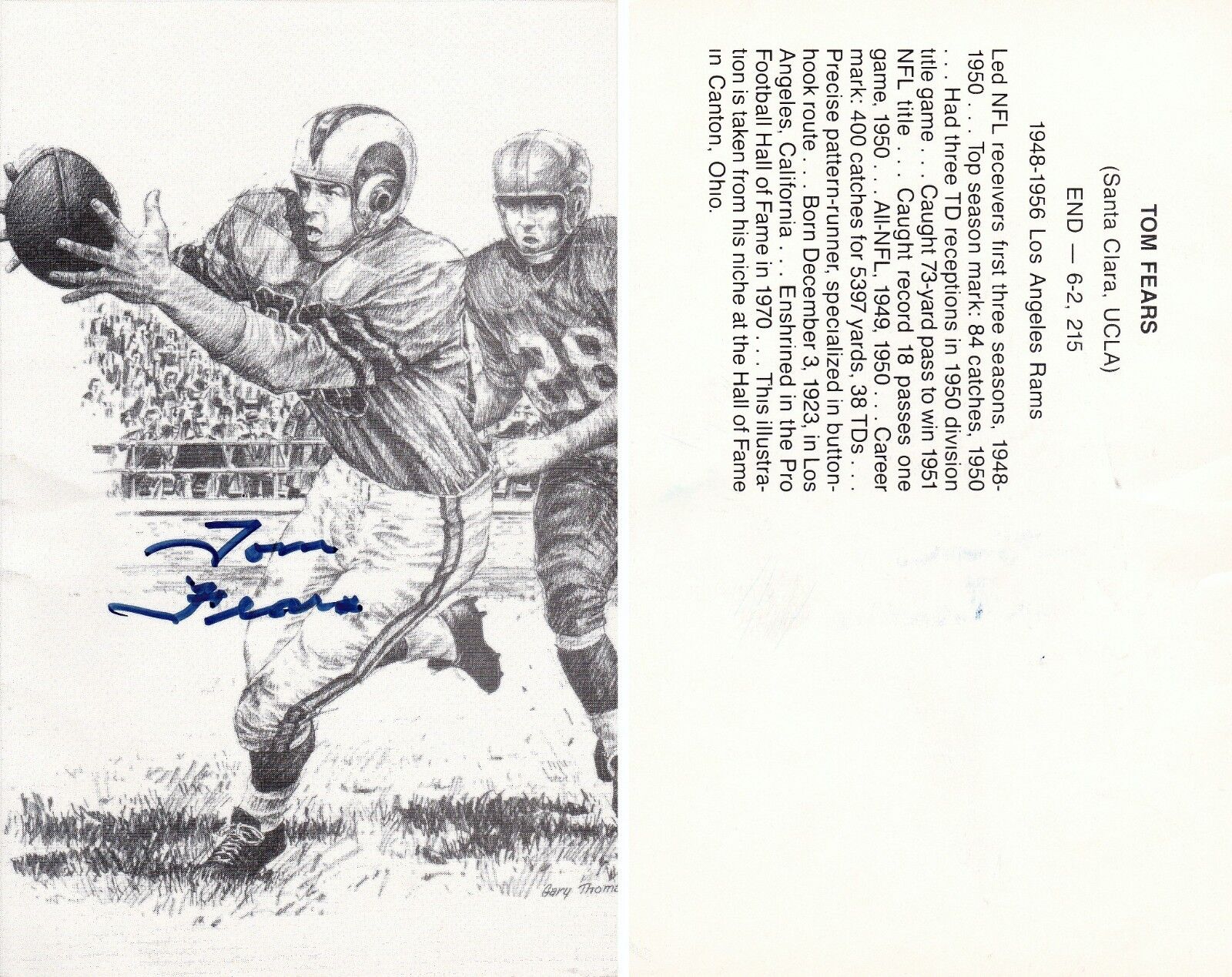 TOM FEARS hand-signed LOS ANGELES RAMS Photo Poster painting card UACC RD COA deceased NFL HOF