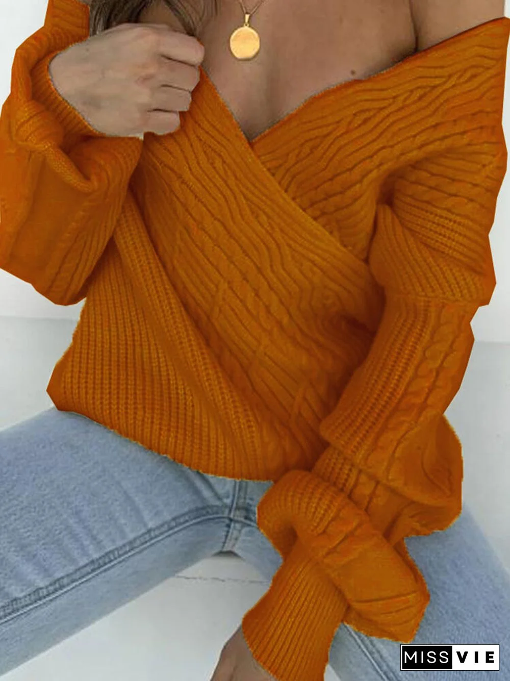 Solid Color V-neck Long Sleeve Sweater