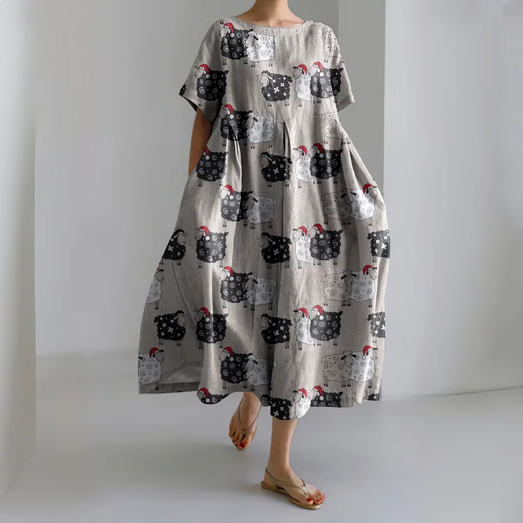 Vintage Farm Sheep Pattern Linen Blend Dress