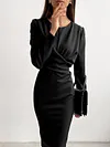 Urban Round-Neck Long Sleeve Solid Color Simple Midi Dress