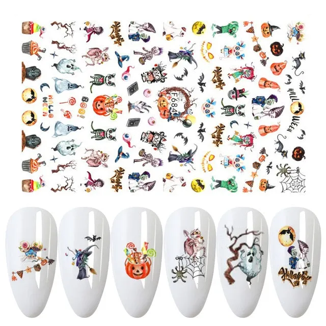 Nail Stickers Back Glue Halloween Skull Pumpkin Christmas Snowman Snowflake Designs Nail Decal Decoration Tips For Beauty Salons-Nail Inspo