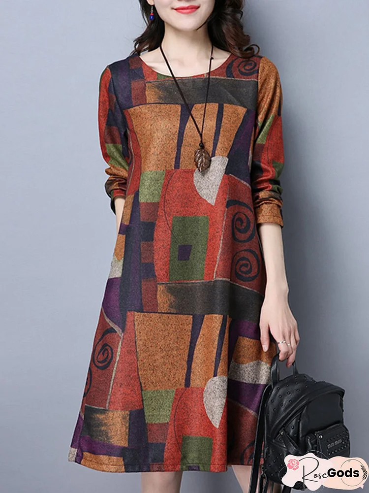 Plus Size Women A-Line Daily Casual Long Sleeve Printed Abstract Dress