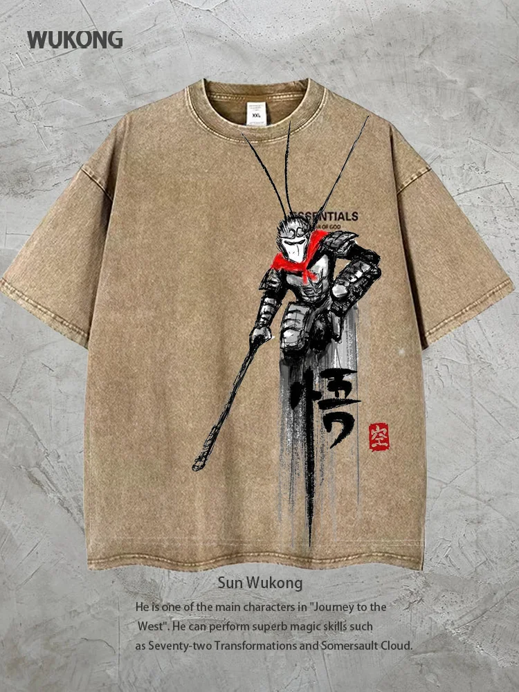 Unisex Retro Washed Journey to the West Culture Wukong Printed Short Sleeve T-shirt