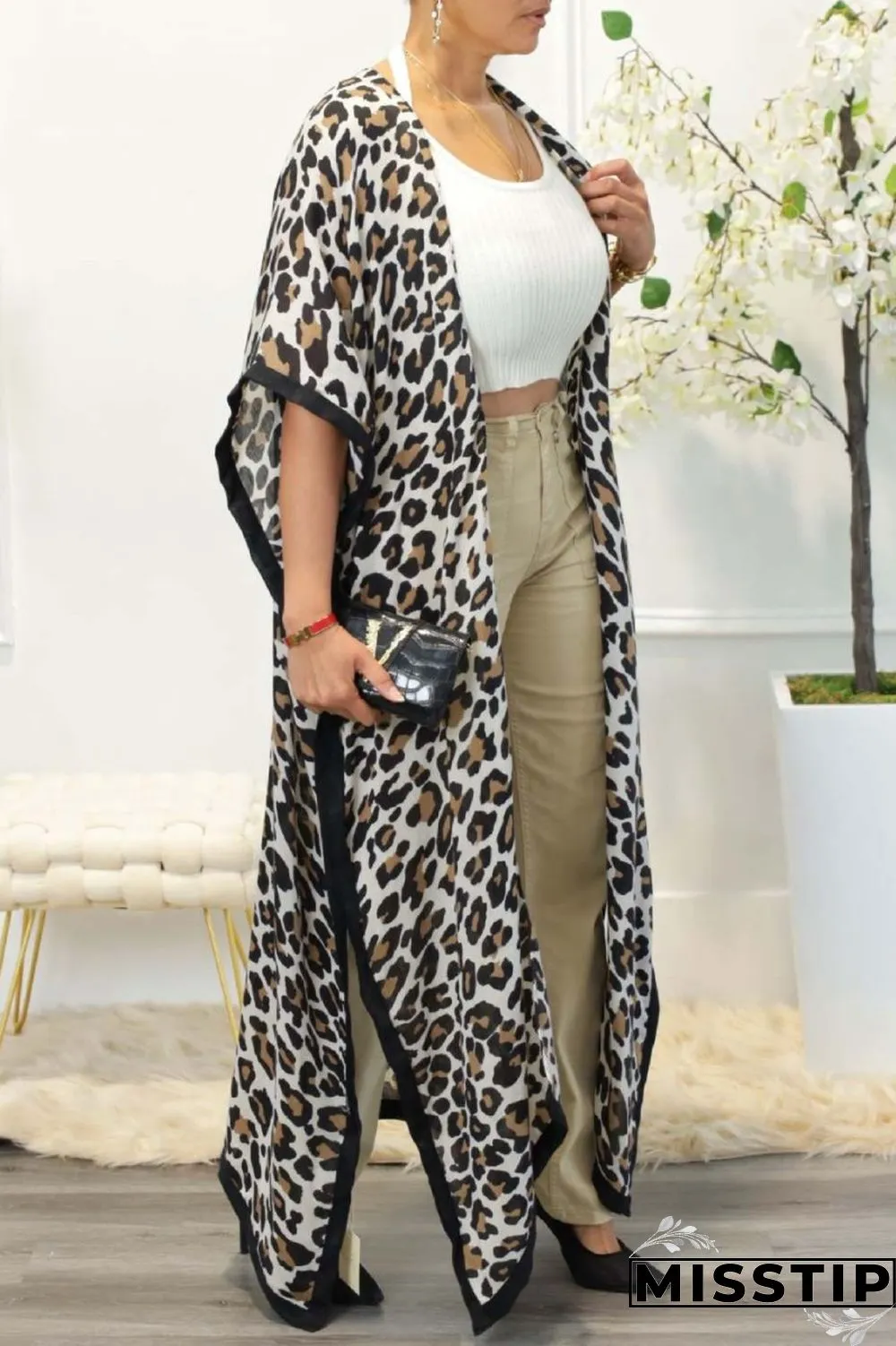 White Casual Print Leopard Patchwork Cardigan Outerwear