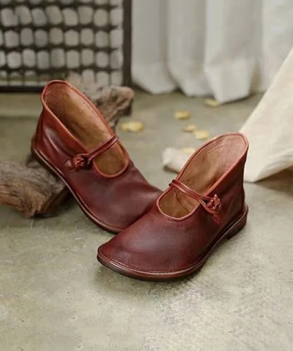 Handmade Comfy Brown Flat Shoes Splicing Buckle Strap
