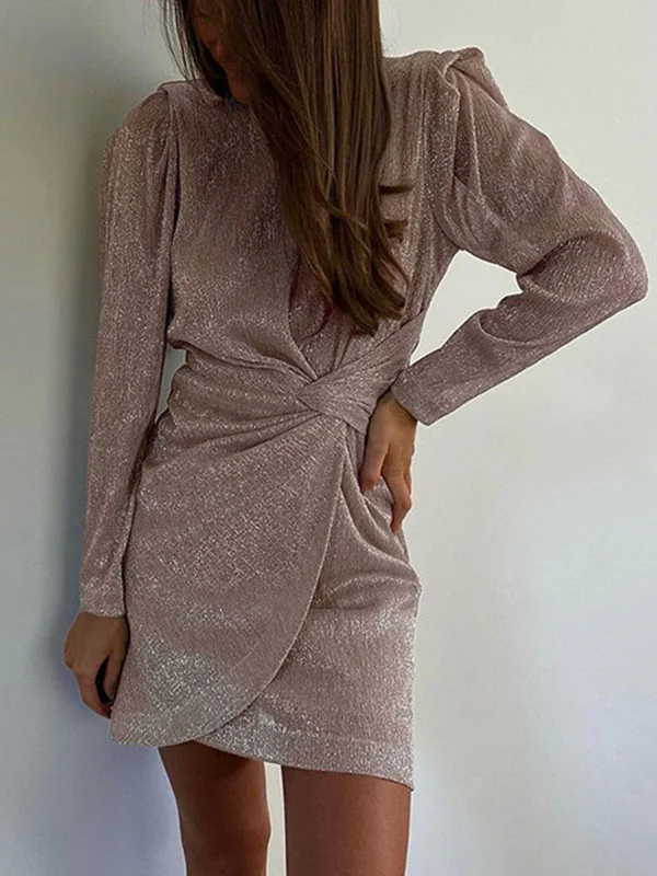 Zipper Solid Color Shiny Knot Long Sleeves High Waisted Round-Neck Mini Dresses