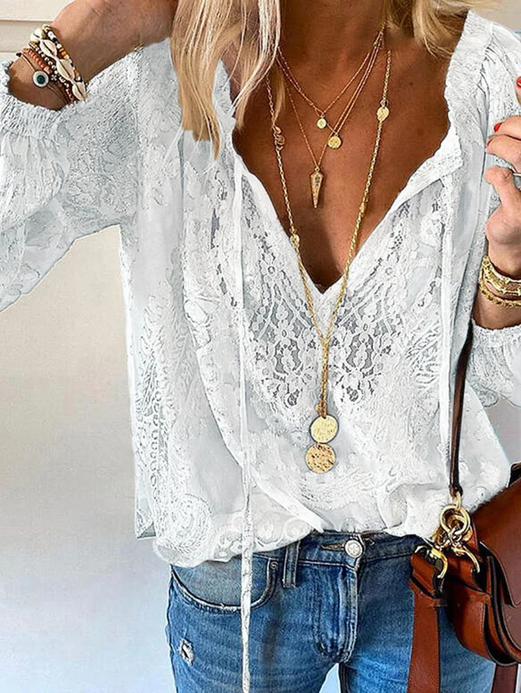 Casual Floral Lace V Neck Drawstring Long Sleeve Blouse