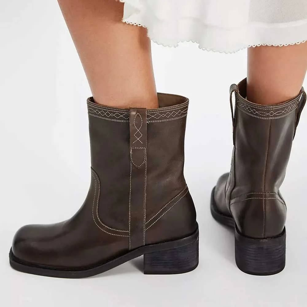 Chocolate Brown Block Heel Square Toe Ankle Boots for Women