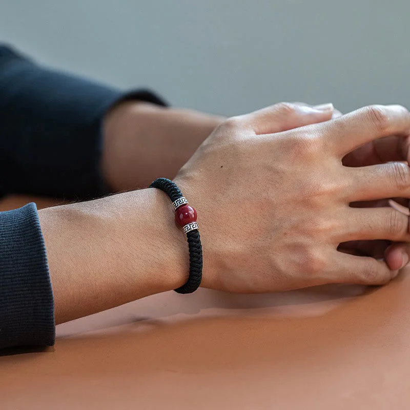 925 Sterling Silver Natural Cinnabar Bead Calm Handmade Braided String Bracelet
