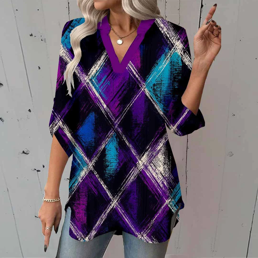 Women Checkered, Purple, Blue DZGA0343 3/4 Sleeve V-neck Printed Graphic Button Tops