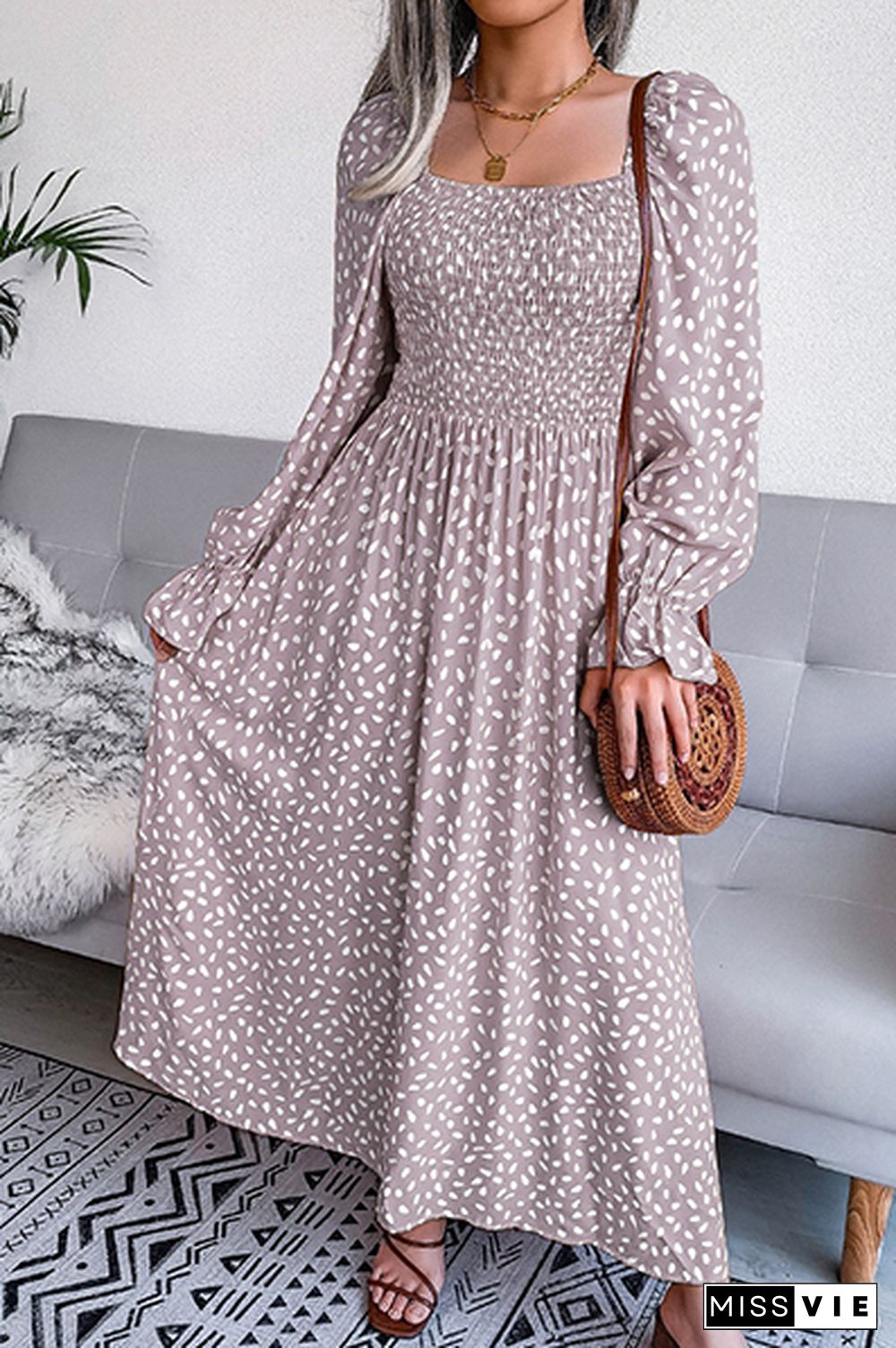 Elegant Print Flounce Fold Square Collar Dresses