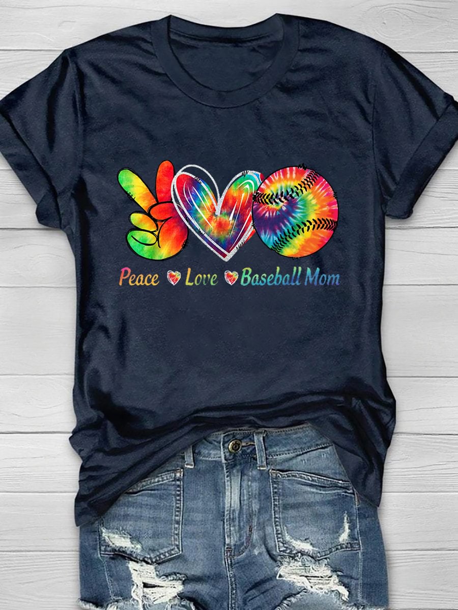 Peace Love Baseball Mom Tie Dye Print Short Sleeve T-Shirt