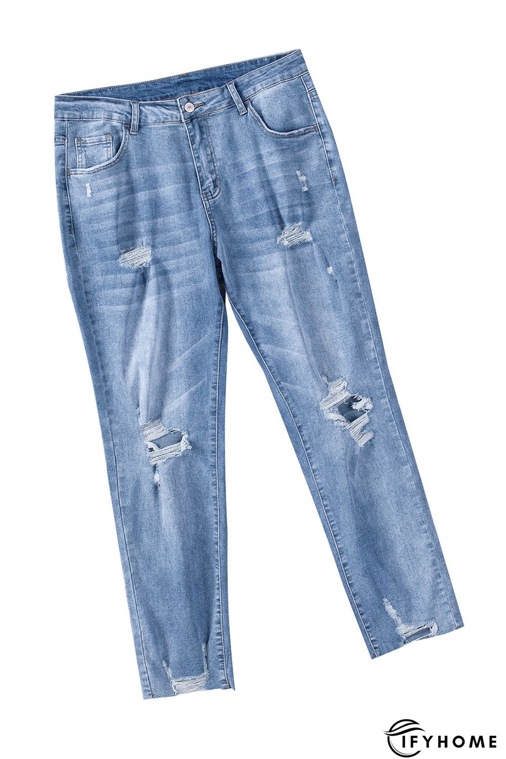 Sky Blue Distressed Holes Frayed Hem Plus Size Jeans | IFYHOME