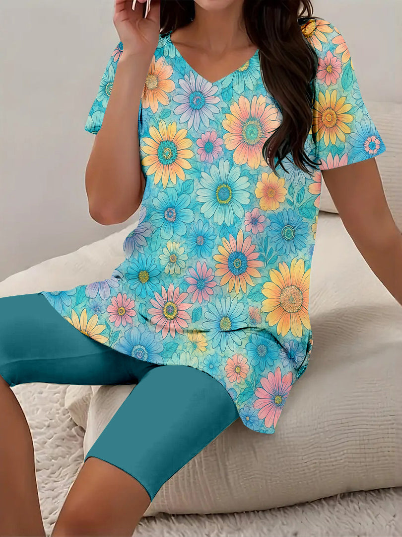 Women Long Sleeve V-neck Graphic Floral Printed Top