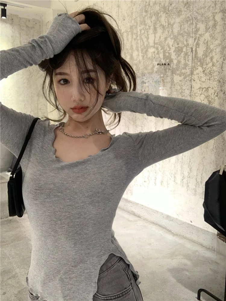 Long Sleeve T-shirts Female Fungus Line Irregular Hem Knitted Slender Autumn Bottoming Tees Chic Fashion  Sol. Ulzzang News