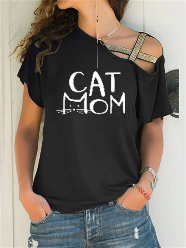 Cat Mom Glitter Hollow Shoulder T Shirt