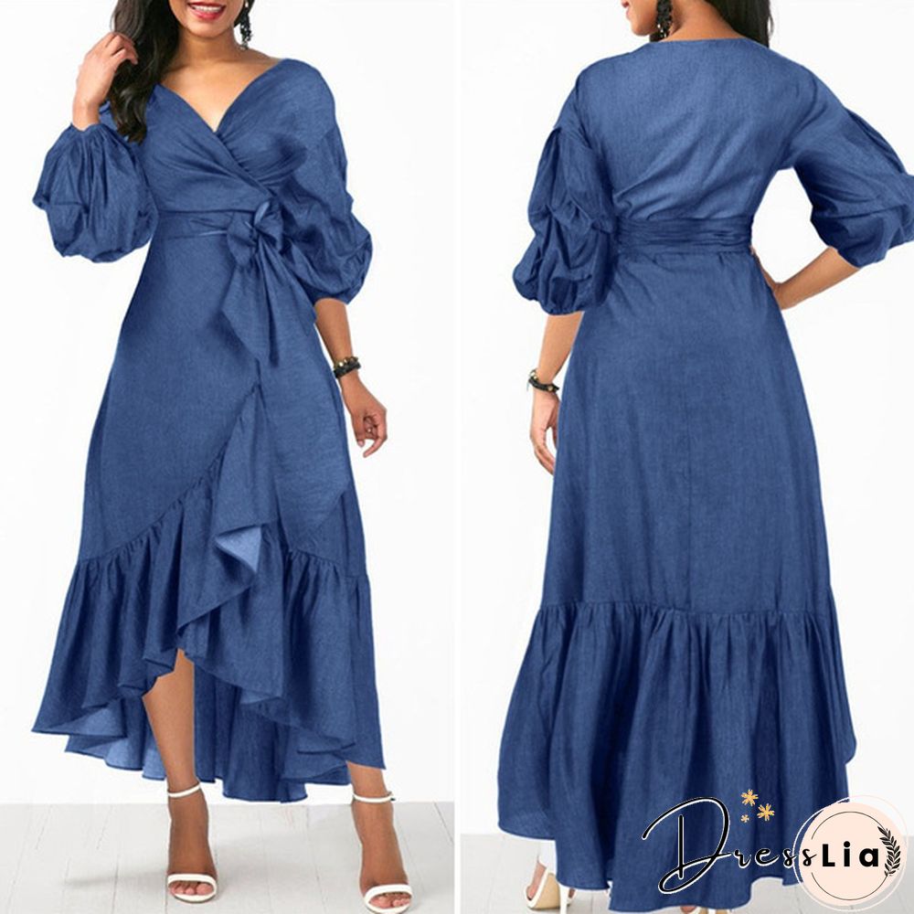 Women's Fashion Puff Sleeve Deep V Neck Tunic Denim Ruffled Dress Irregular Hem Elegant Party Long Dresses Vestidos S-5XL