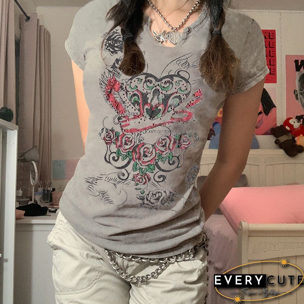 Contrasting Rose Element Sexy Small V-Neck T-Shirt