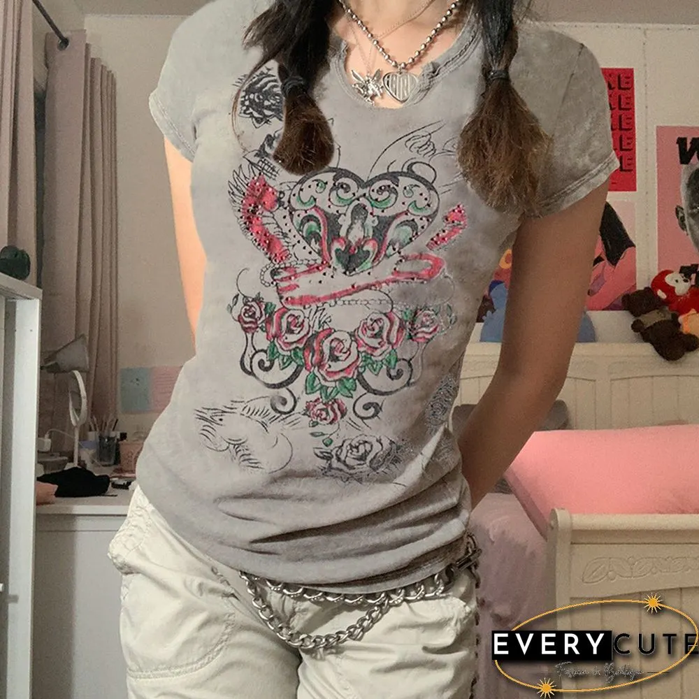 Contrasting Rose Element Sexy Small V-Neck T-Shirt