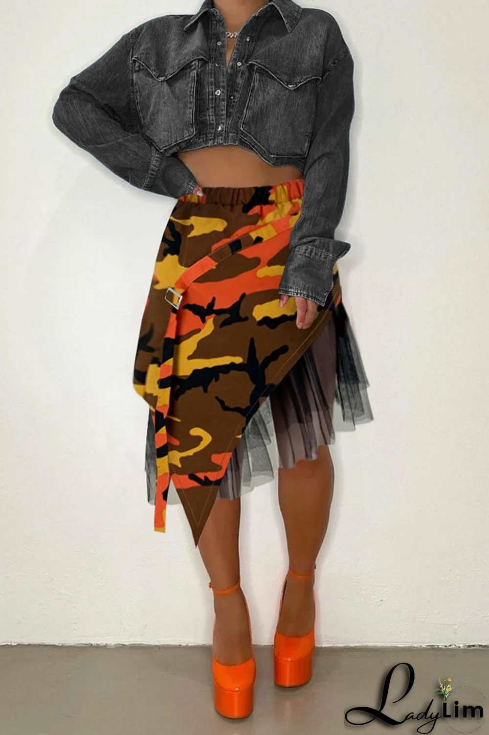 Pink Fashion Street Print Camouflage Print Patchwork Asymmetrical High Waist Full Print Bottoms