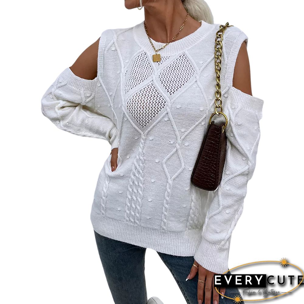 White Hollow Out Knitted Cold Shoulder Sweater